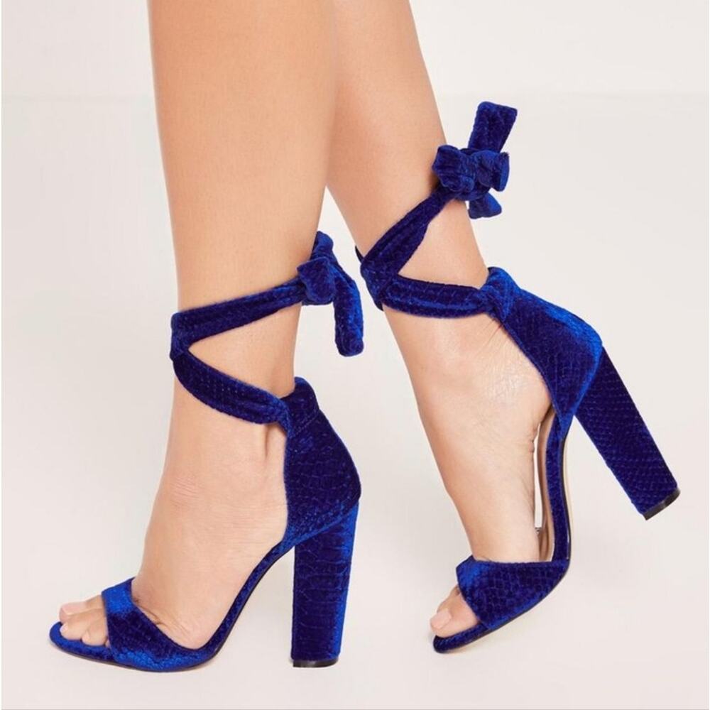 M Velveteen Cobalt Ankle Tie Chunky Heeled Sandals
